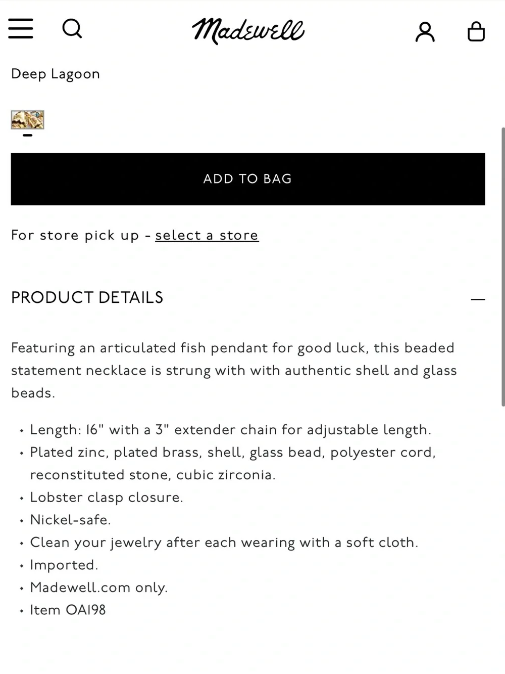 NWT Madewell x Shopbop Beaded Fish Statement Necklace